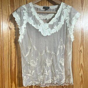 TOPSHOP Cream Sheer Mesh Lace Applique Edge Top Shell Blouse